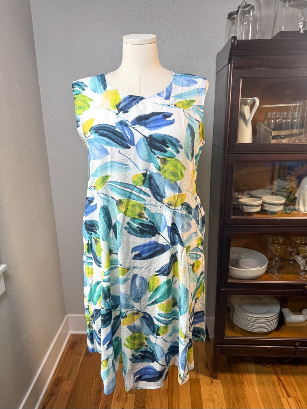 Creation Watercolor Green Blue Leaf Print Sleeveless Swing Midi Dress Size L